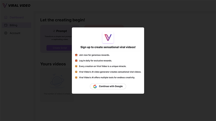 Login image on the official website of ViralVideo