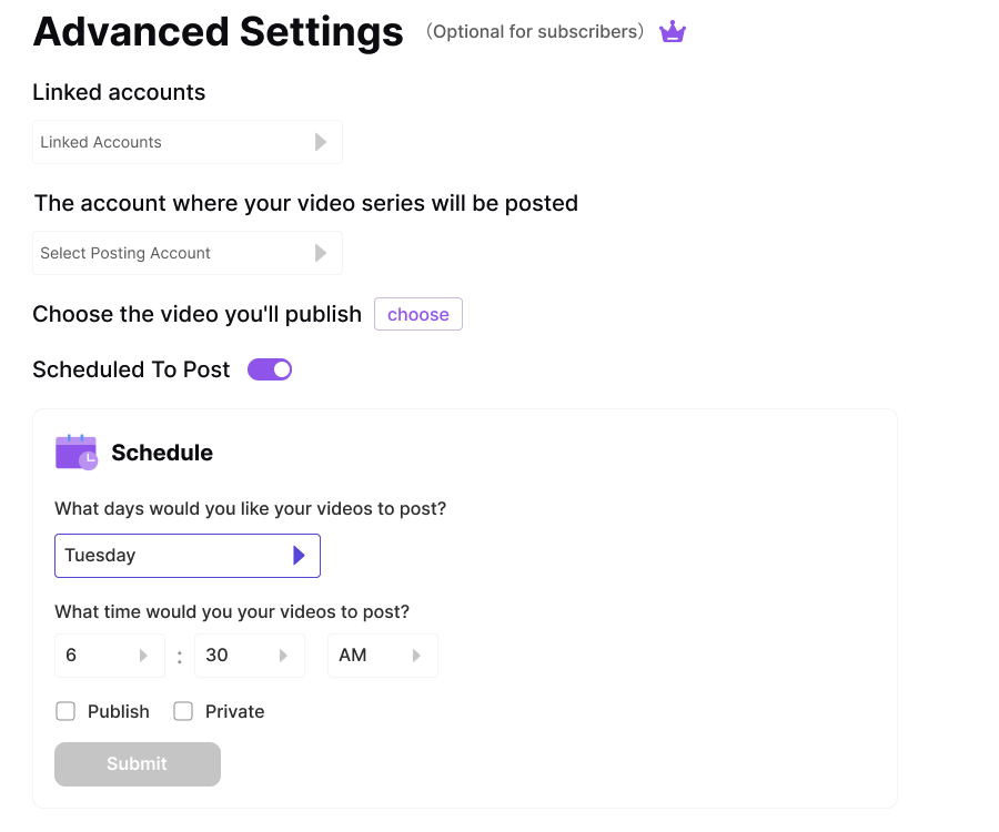 Automatic publishing page for ViralVideo platform settings